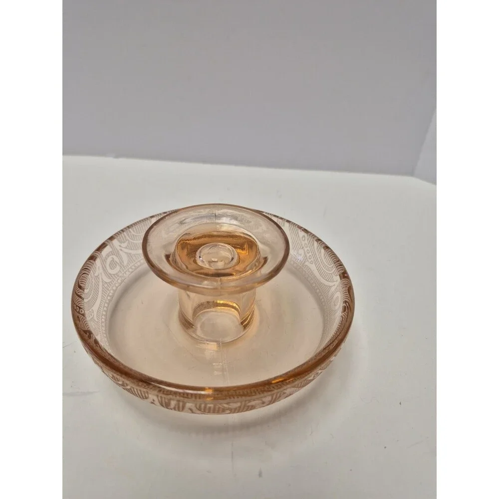 Vintage Depression etched Glass Pink Taper Candle Holder